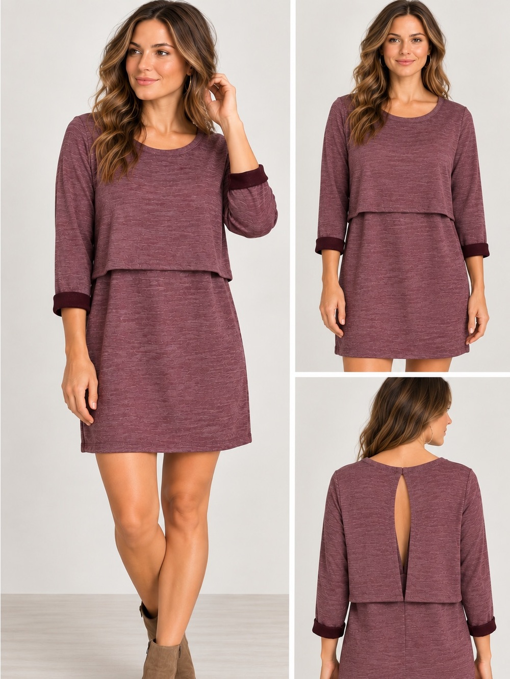 Forever 21 Layered Knit Dress Burgundy Mauve Long Sleeve Open Back Size L NWT